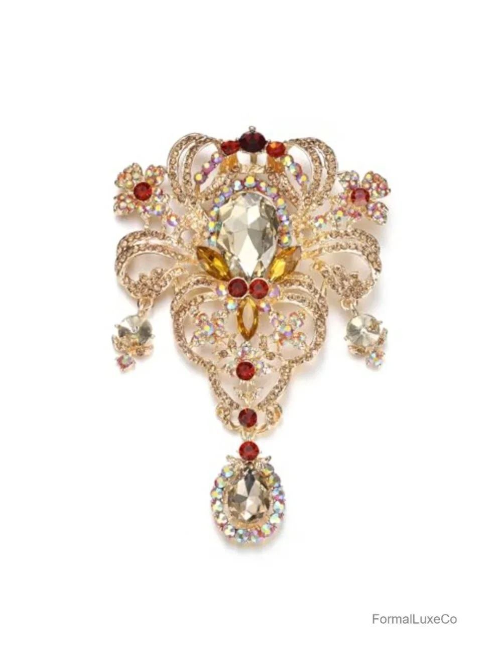 Crystal Flower Bouquet Teardrop Pendant Brooch Pin for Dress or Shawl